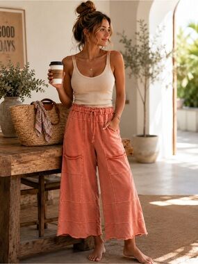 Easel Boho Wide Leg Lounge Gaucho Pants Small Coral